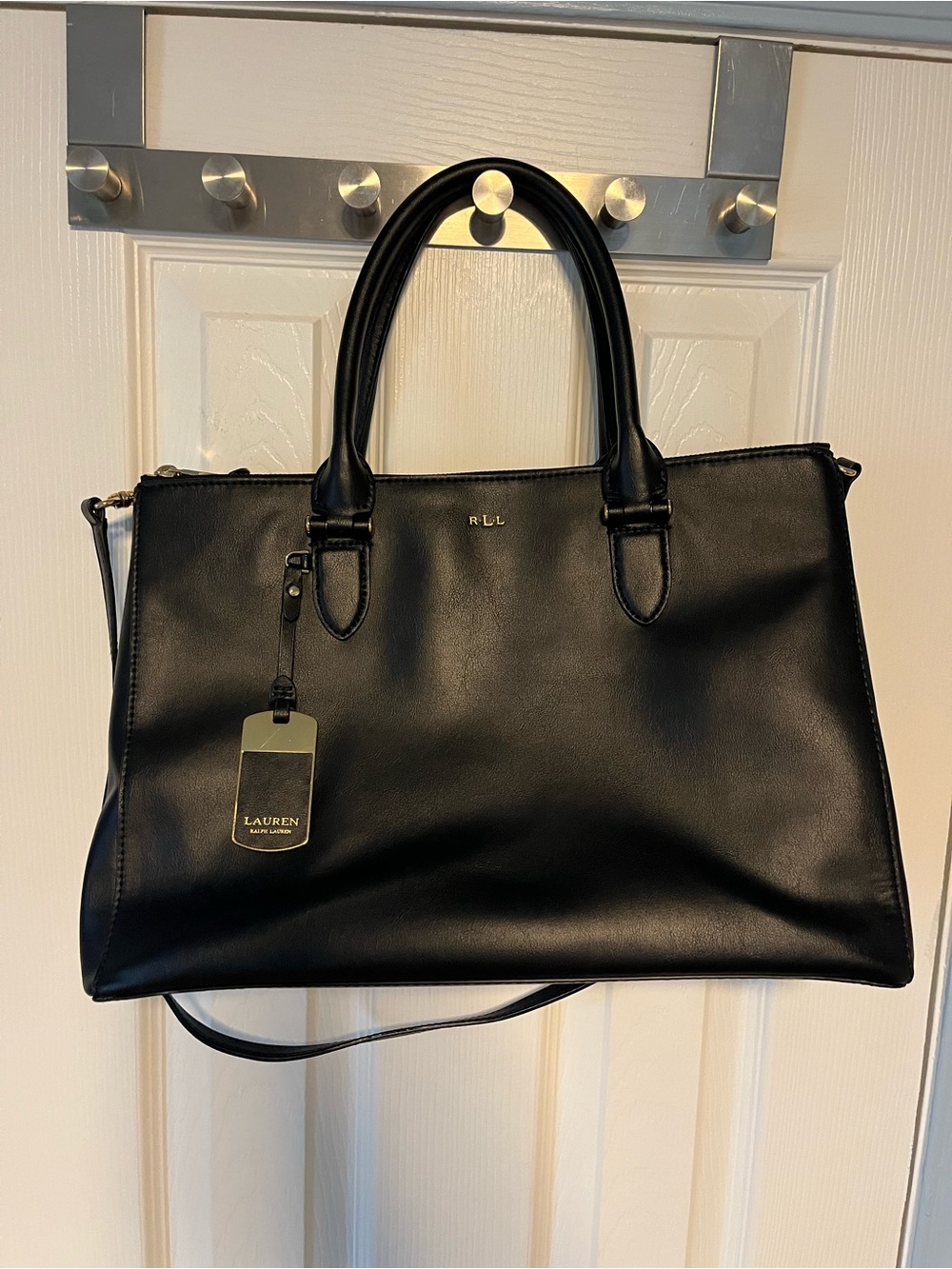 Ralph Lauren Black Leather Satchel Handbag with Detachable Strap